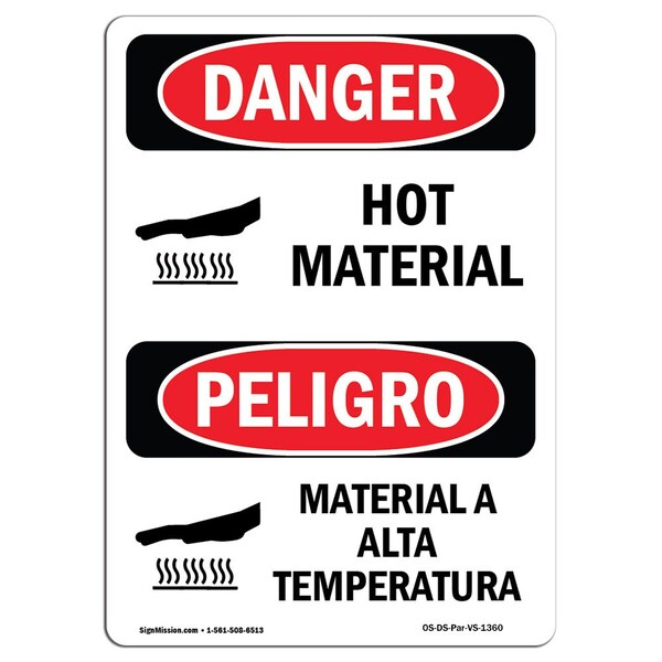 OSHA Sign, Hot Material Bilingual, 5in X 3.5in Decal, 10PK, 3.5" W, 5" H, Bilingual Spanish, PK10